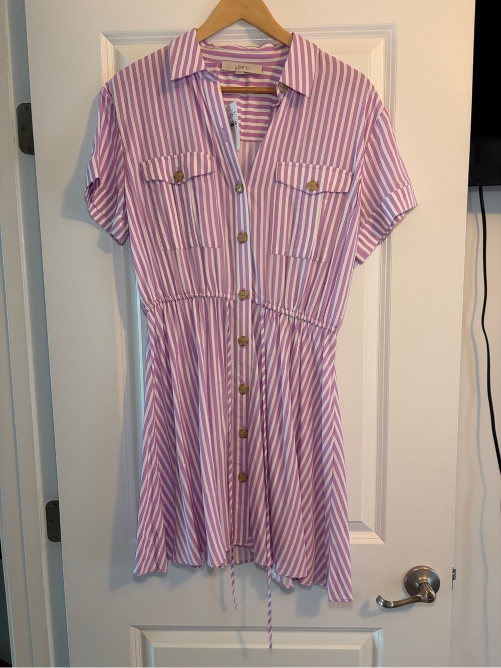 LOFT | Pink and White Striped Button-Front Shirt Dress